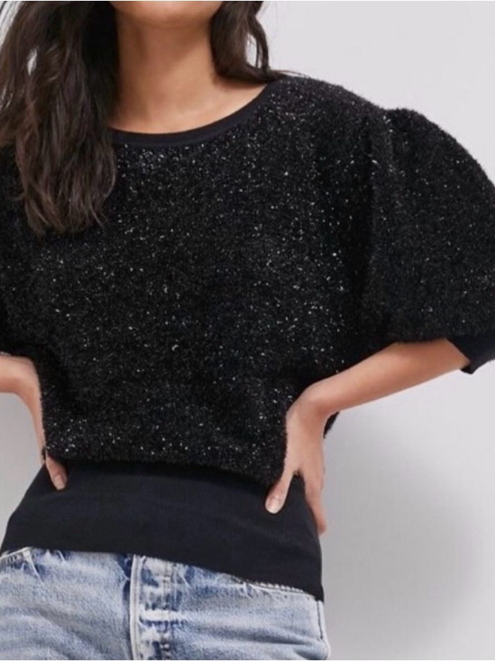 Anthropologie Black Sparkle Short Sleeve Sweater Top